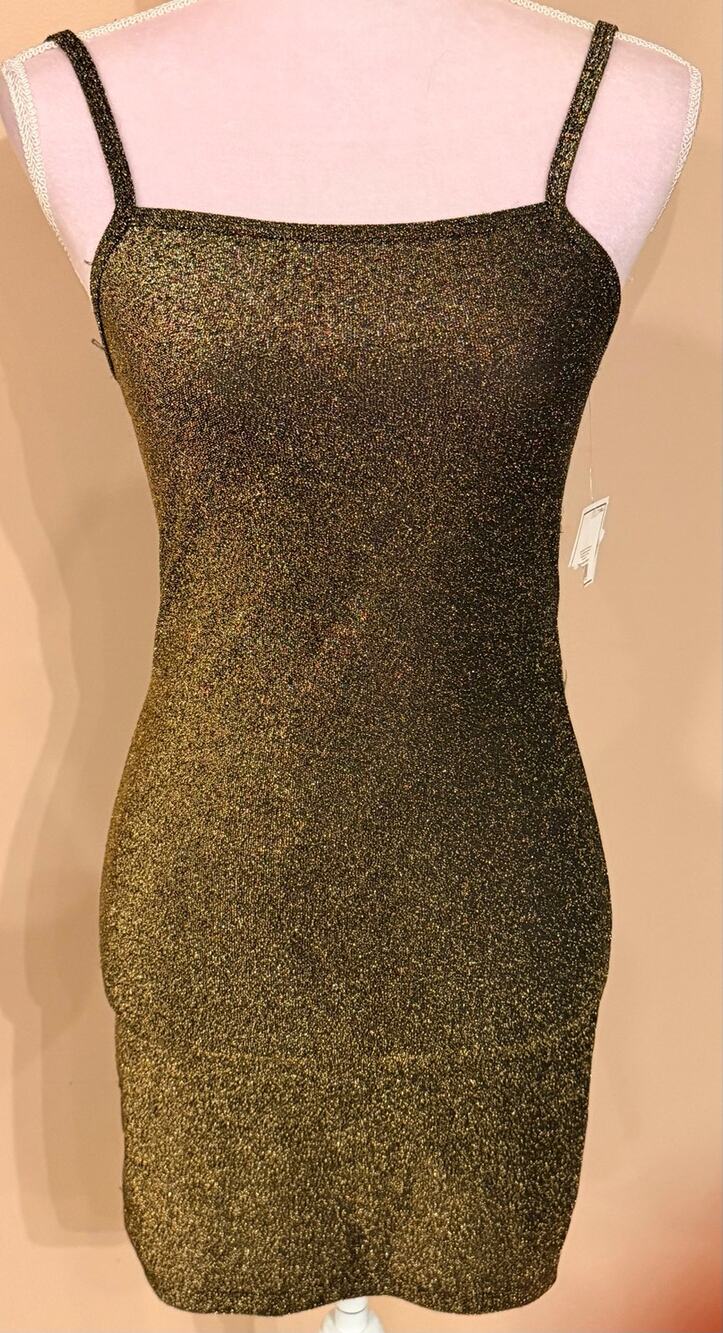 Sparkly Gold Black Mini Dress Women SZ Small Metallic Shimmer Bodycon Slip Party